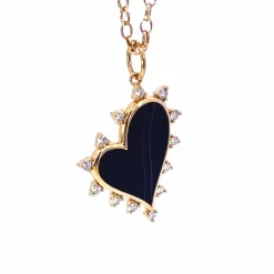 Black Agate Heart Necklace with Diamonds