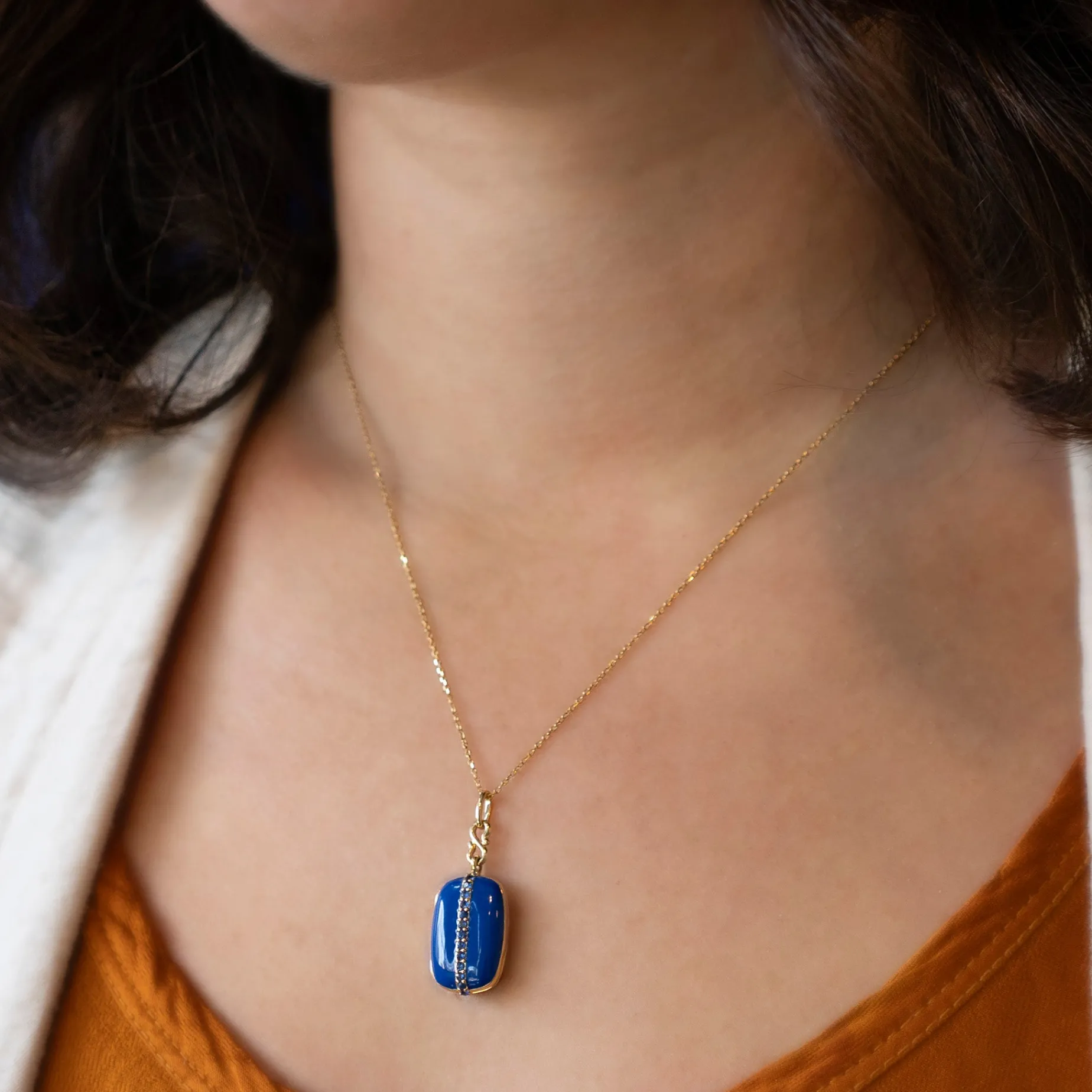 Blue Enamel 18K Yellow Gold "Britt" Locket with Blue Sapphires