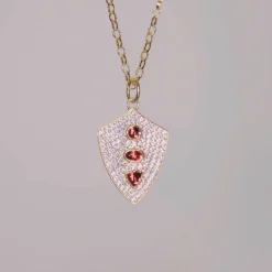 Fearless Shield with Pave Pink Sapphires and Rhodolite