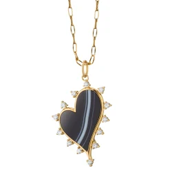 Large Black Agate Heart Necklace with Diamonds