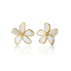 Mother of Pearl Flower Stud Earrings with Pavé White Diamonds