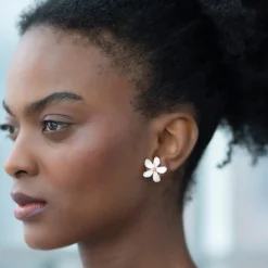 Mother of Pearl Flower Stud Earrings with Pavé White Diamonds