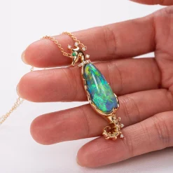 One of a Kind Australian Black Opal, Emerald and Diamond Seahorse Necklace
