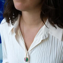 One of A Kind Oval Locket with Pink Opal, Chrysoprase, and Diamond Stripe