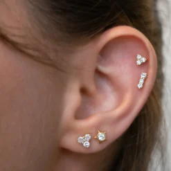 Reclaimed 18K Yellow Gold and Diamond Earrings, 3 Diamonds