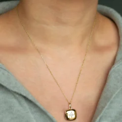 Reclaimed 18k Yellow Gold Locket Necklace with 4 Round Diamonds