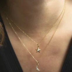 Reclaimed 18k Yellow Gold Moon Necklace with 5 Round Diamonds