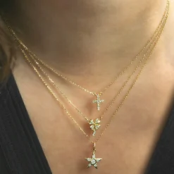 Reclaimed 18k Yellow Gold Star Necklace with 6 Round Diamonds