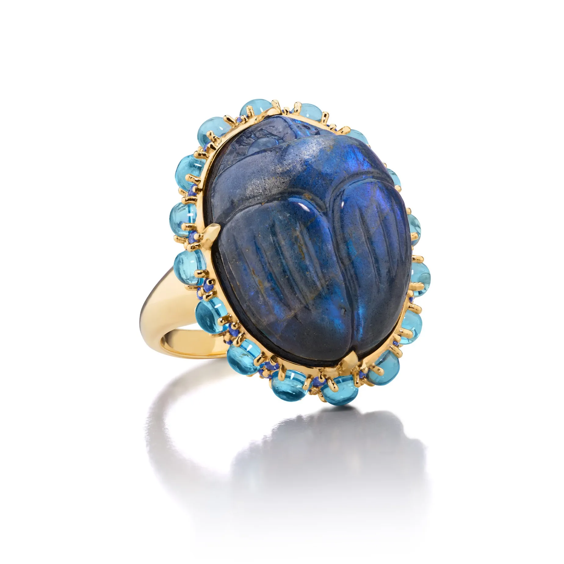 Special Edition Labradorite Carved Scarab Ring with Sky Blue Topaz and Blue Sapphires