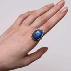 Special Edition Labradorite Carved Scarab Ring with Sky Blue Topaz and Blue Sapphires