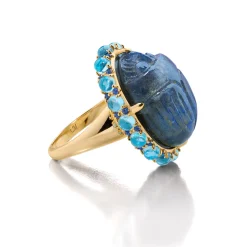 Special Edition Labradorite Carved Scarab Ring with Sky Blue Topaz and Blue Sapphires