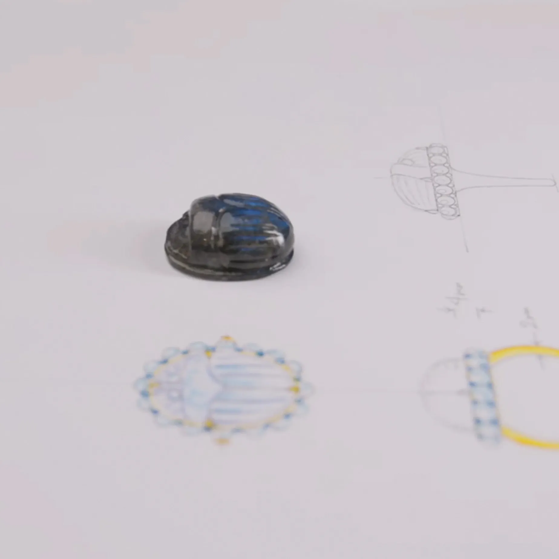 Special Edition Labradorite Carved Scarab Ring with Sky Blue Topaz and Blue Sapphires