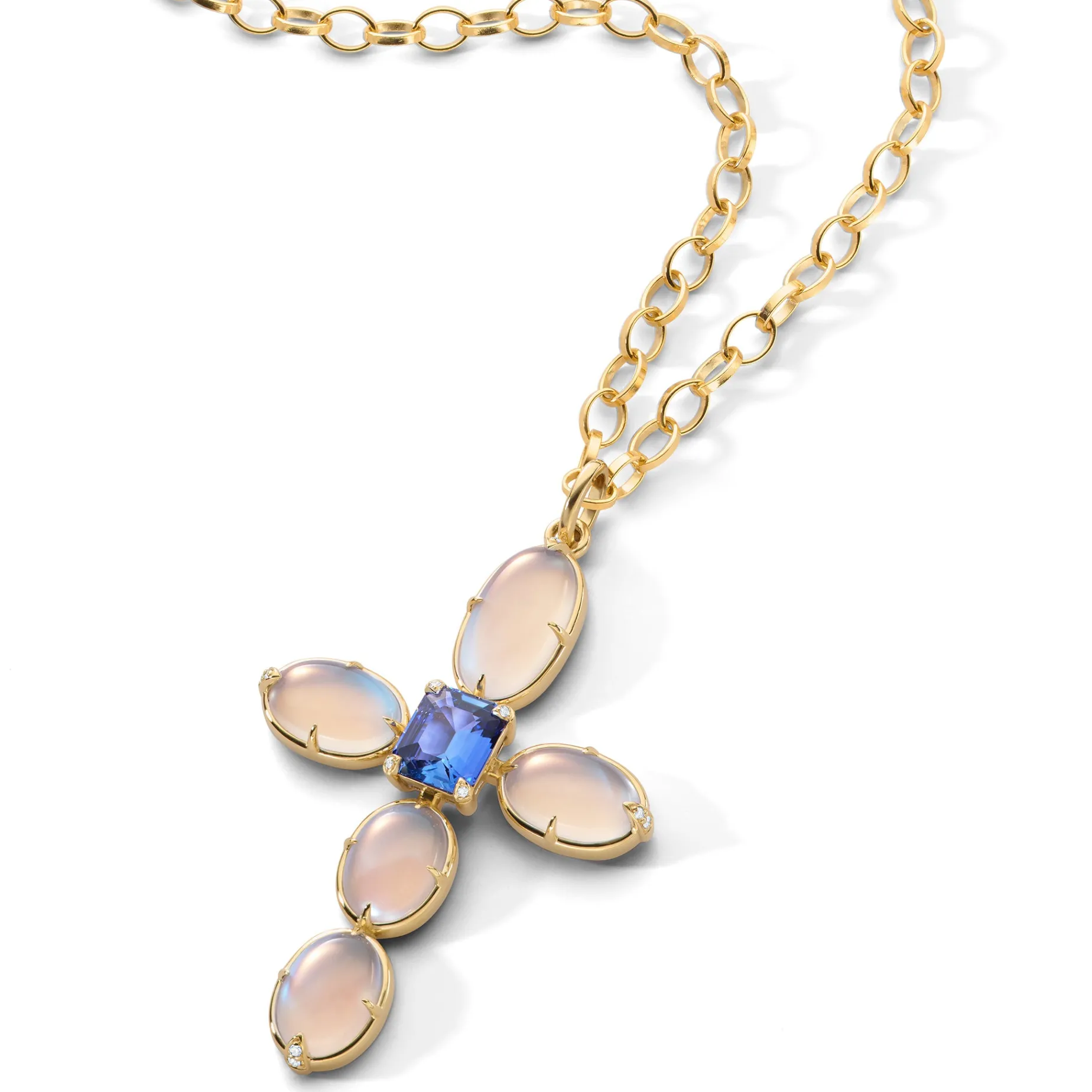 Special Edition Moonstone and Diamond Cross with Center Blue Sapphire