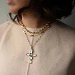 Special Edition Moonstone and Diamond Cross with Center Blue Sapphire