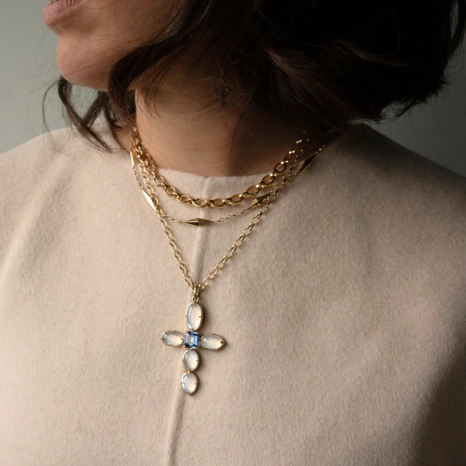 Special Edition Moonstone and Diamond Cross with Center Blue Sapphire