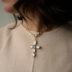 Special Edition Moonstone and Diamond Cross with Center Blue Sapphire