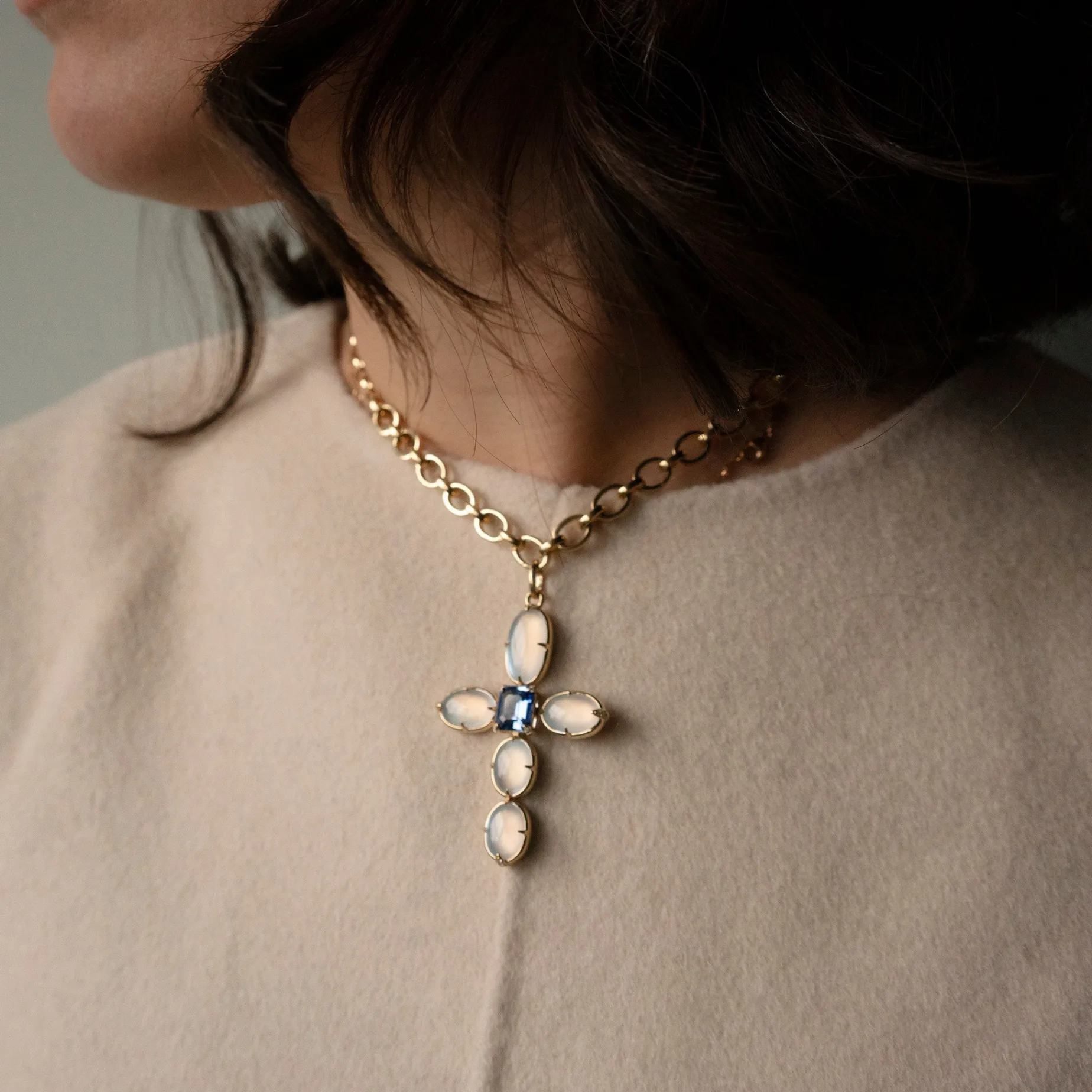 Special Edition Moonstone and Diamond Cross with Center Blue Sapphire