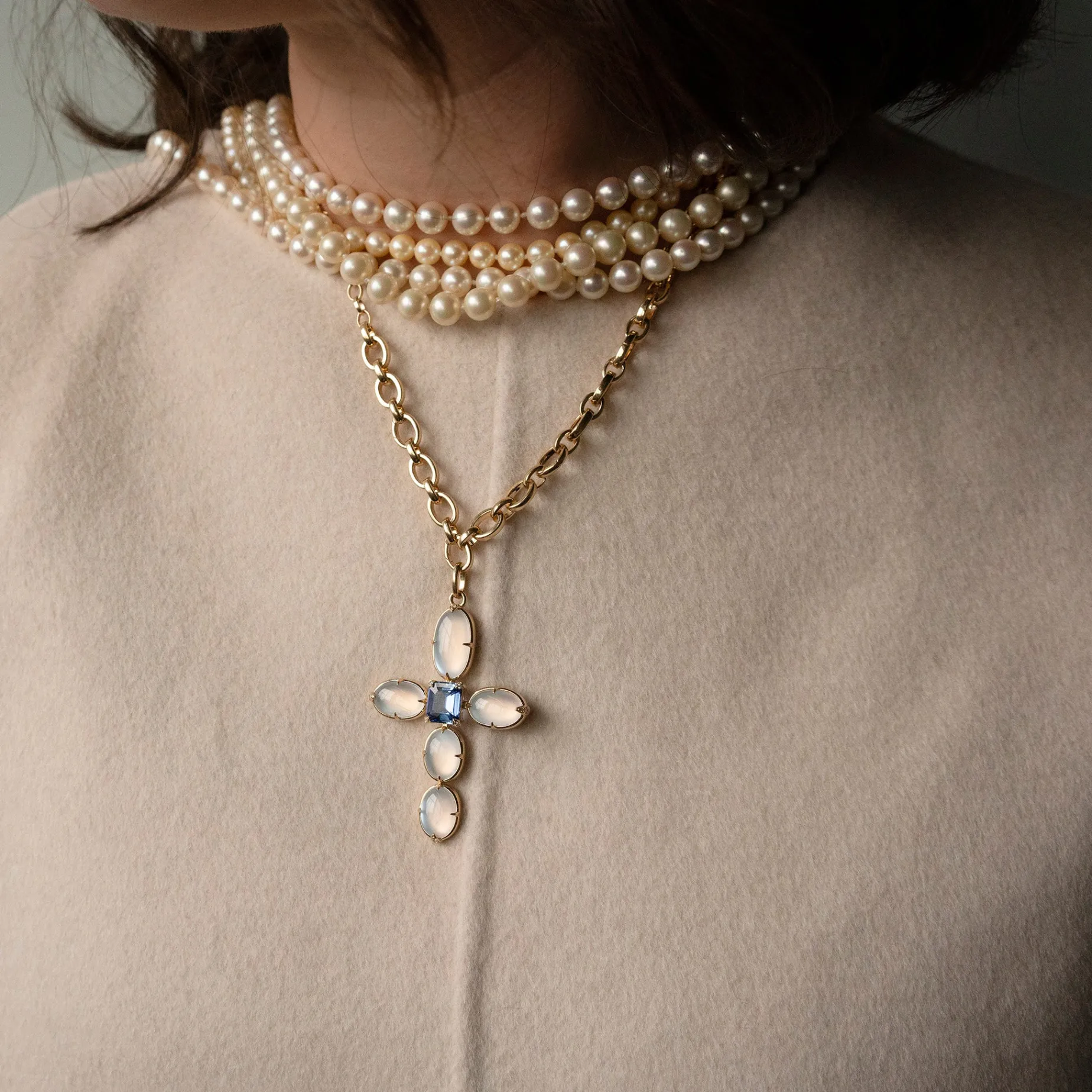 Special Edition Moonstone and Diamond Cross with Center Blue Sapphire