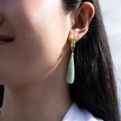 Special Edition "Rings of Nebula" Aragonite Drop Earrings with Faceted Emerald Cabochons