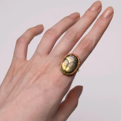 Special Edition Spectrolite Carved Scarab Ring with Orange and Yellow Sapphires, and Tsavorite