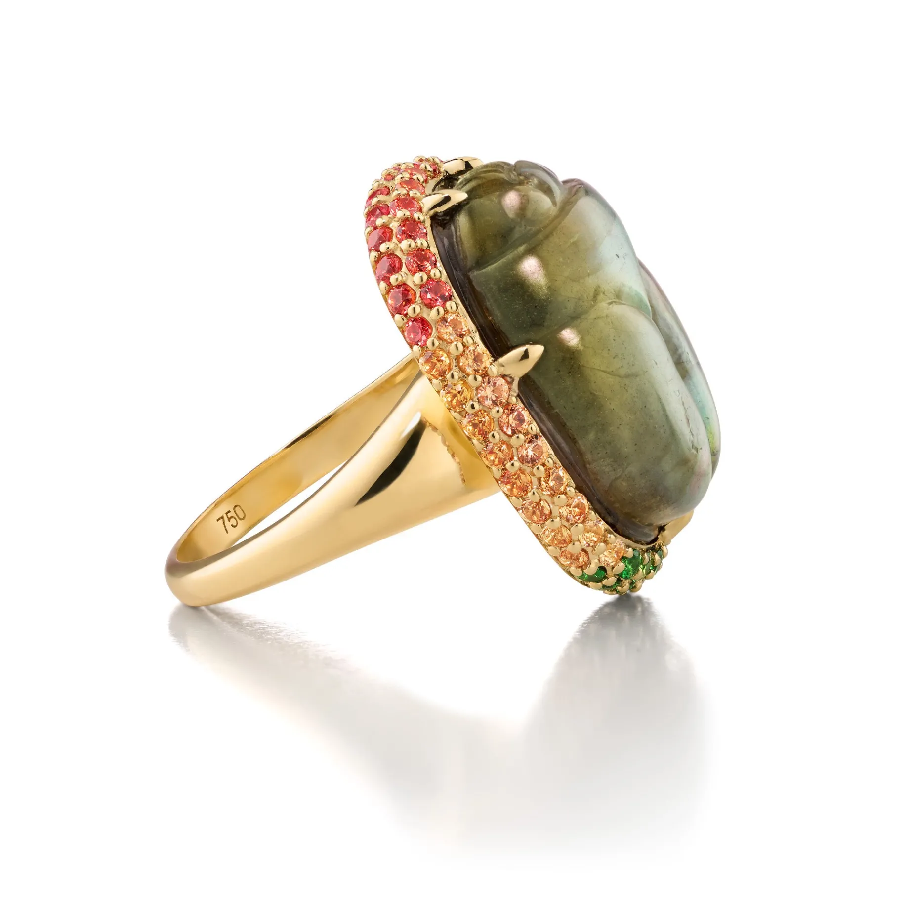 Special Edition Spectrolite Carved Scarab Ring with Orange and Yellow Sapphires, and Tsavorite