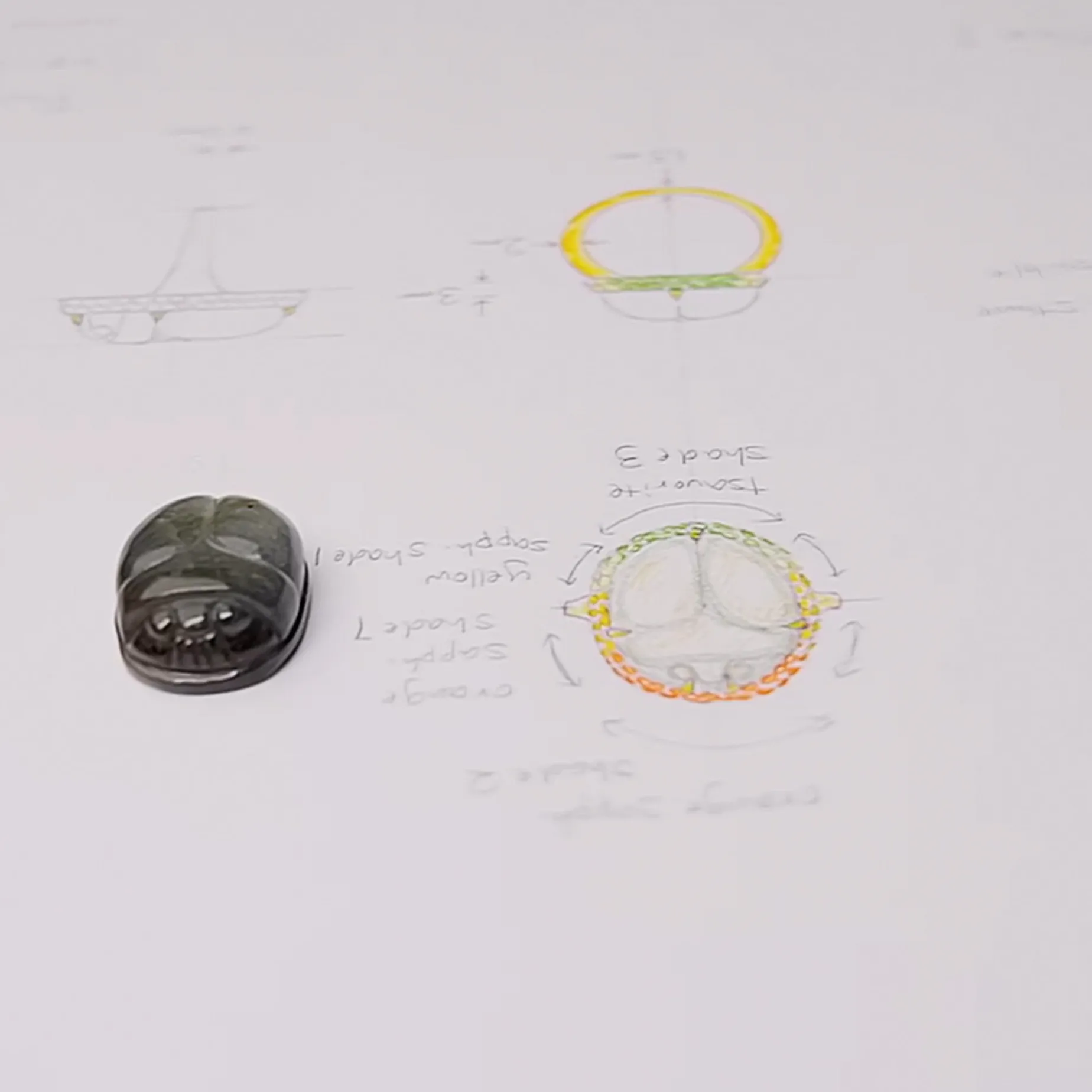 Special Edition Spectrolite Carved Scarab Ring with Orange and Yellow Sapphires, and Tsavorite