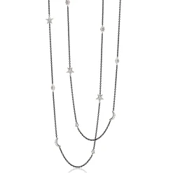 Sun, Moon and Stars 40" Moonstone and White Sapphire Steel Chain Necklace