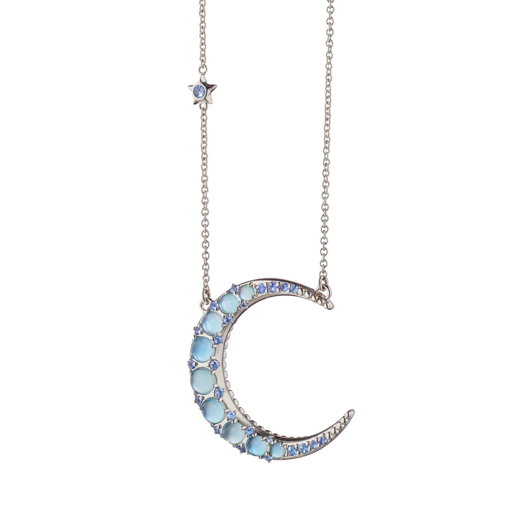 Sun, Moon and Stars Blue Topaz Crescent Moon Necklace