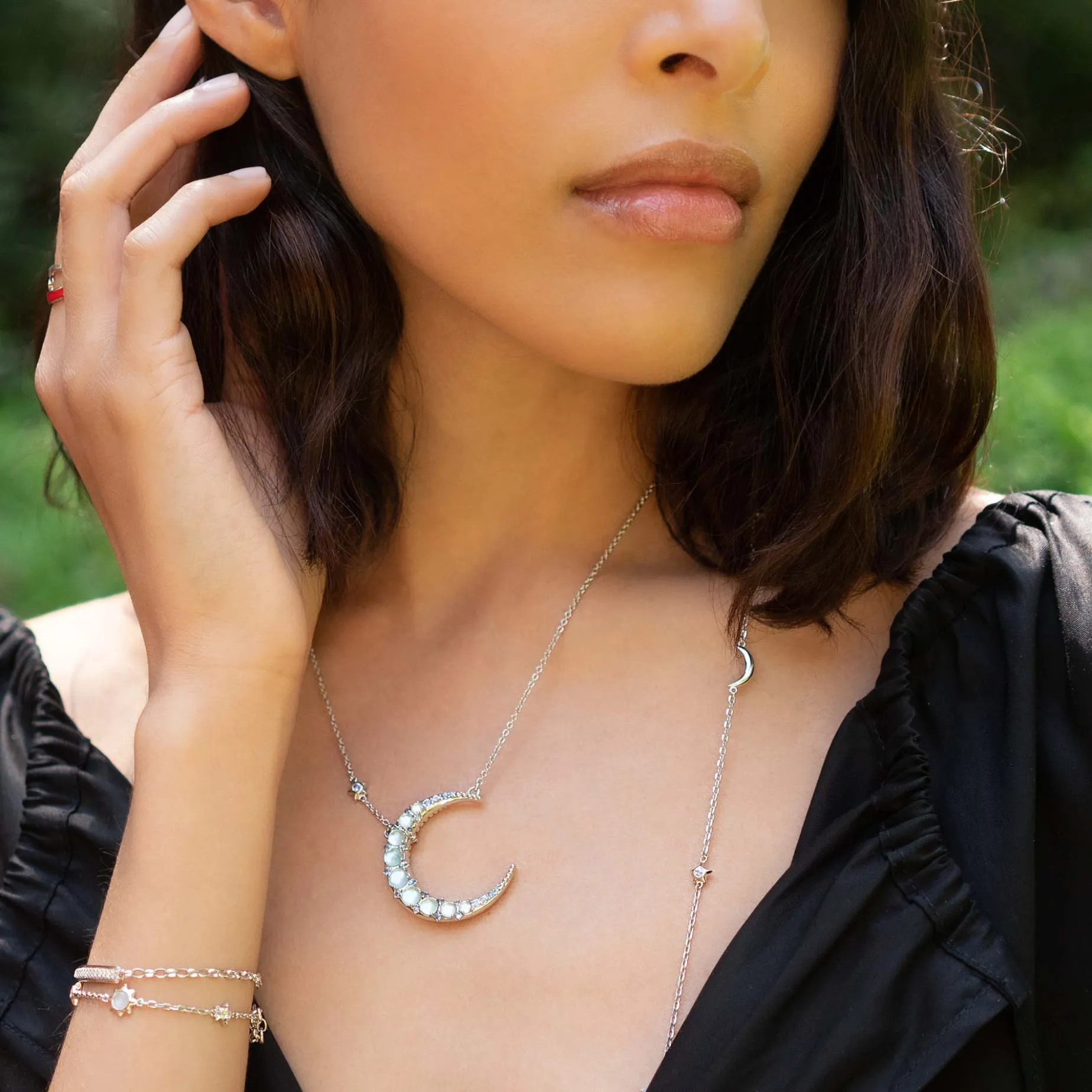 Sun, Moon and Stars Blue Topaz Crescent Moon Necklace