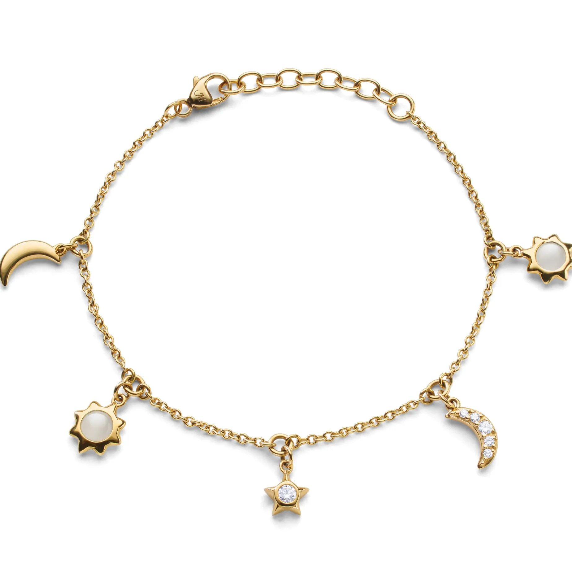 Sun, Moon and Stars Dangling Diamond and Moonstone Chain Bracelet