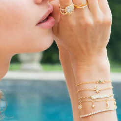 Sun, Moon and Stars Dangling Diamond and Moonstone Chain Bracelet
