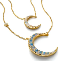 Water Opal Midi Crescent Moon Necklace with Diamonds