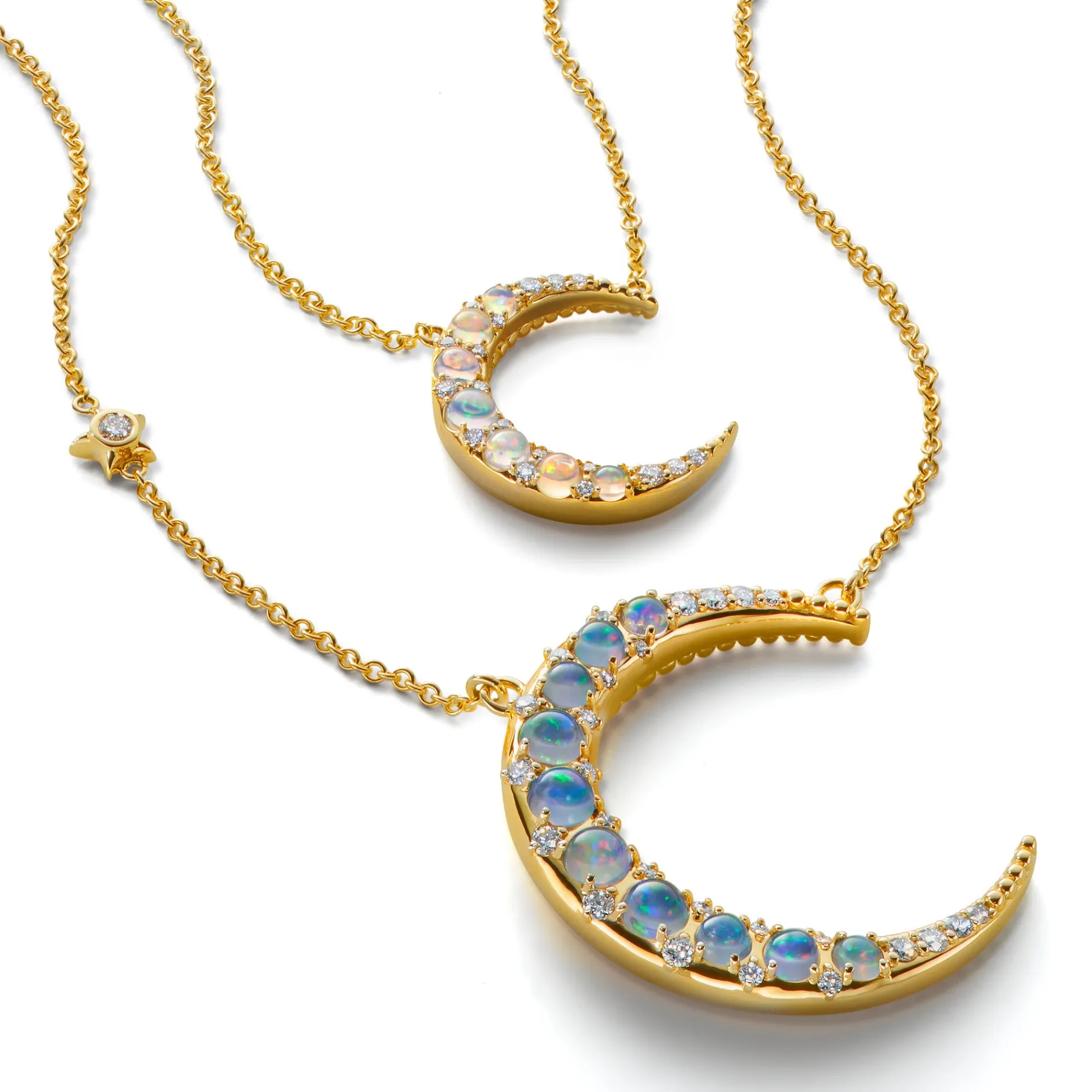 Water Opal Midi Crescent Moon Necklace with Diamonds