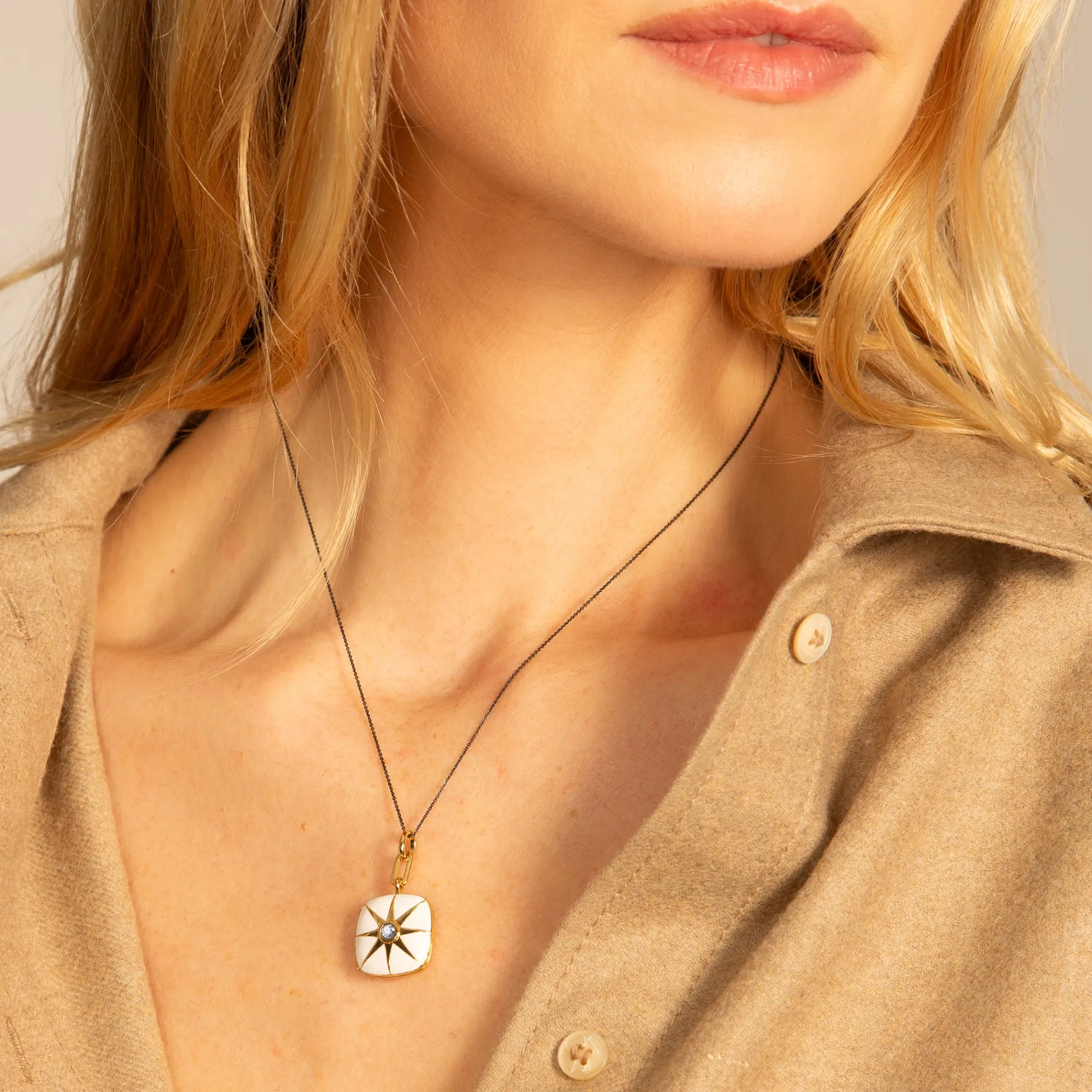 White Enamel Vermeil Cushion Locket with Blue Sapphire
